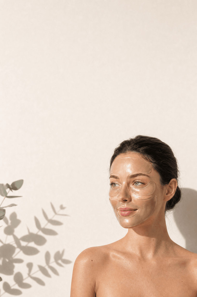 Frau mit den goldenen CONTUR.-Hydrogel-Zonen auf Stirn, unter den Augen und auf den Wangen, im weichen Licht vor einer Off-White-Wand mit Eukalyptus-Schatten