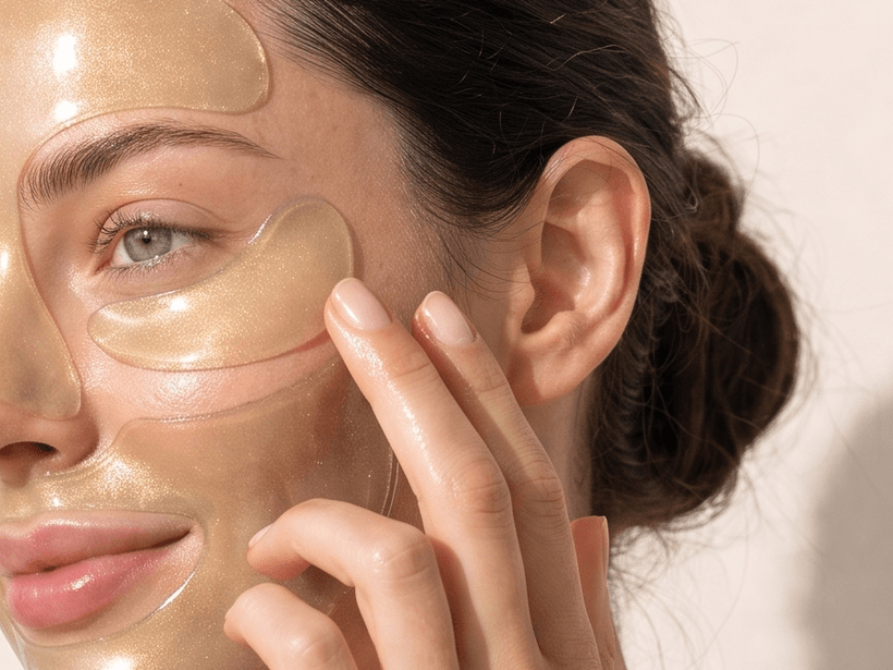 Nahaufnahme der goldenen Hydrogel-Zonen auf der Haut, mit feinem Glanz und Glitzerpartikeln